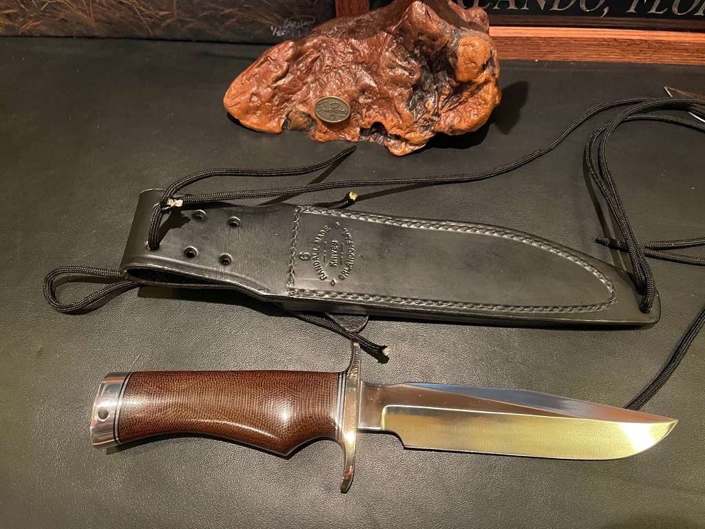 Randall # 1-6 Brown Canvas Micarta SFG NS Double Hilt and Butt Cap with Alum & Black Spacers Black NHS Back-KT.jpg