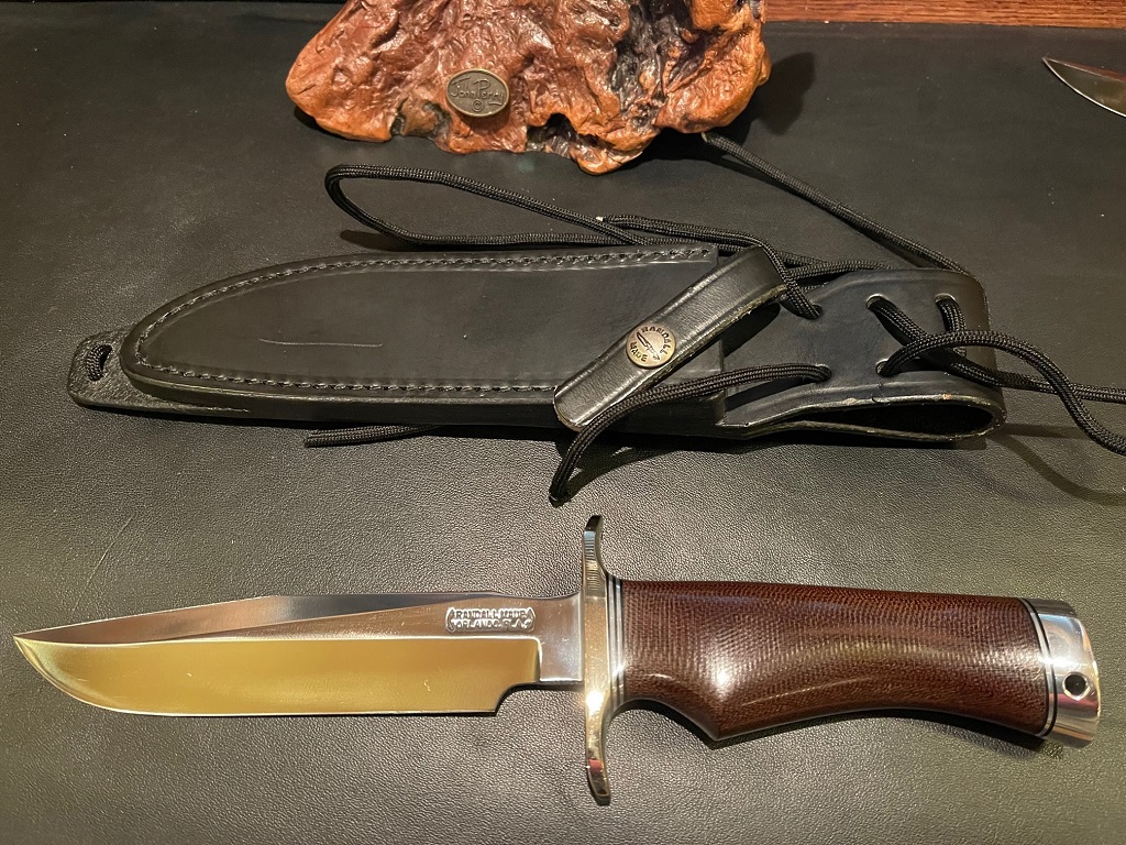 Randall # 1-6 Brown Canvas Micarta SFG NS Double Hilt and DB with Alum & Black Spacers Black NHS-KT.jpg